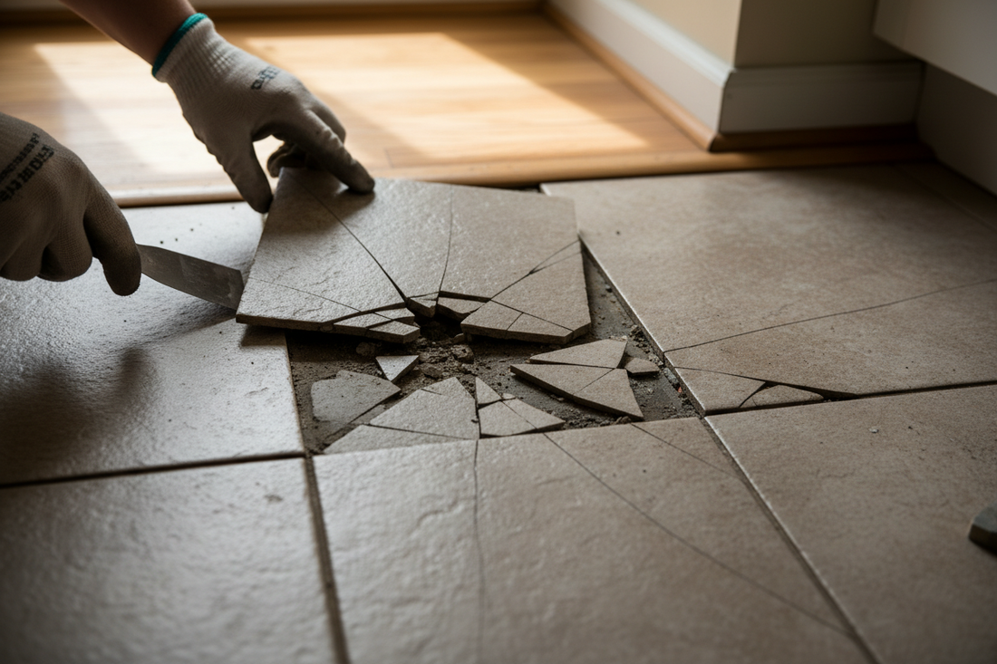 Problem photo – Cracked or loose floor tiles (trip hazards, water intrusion, grout failure)