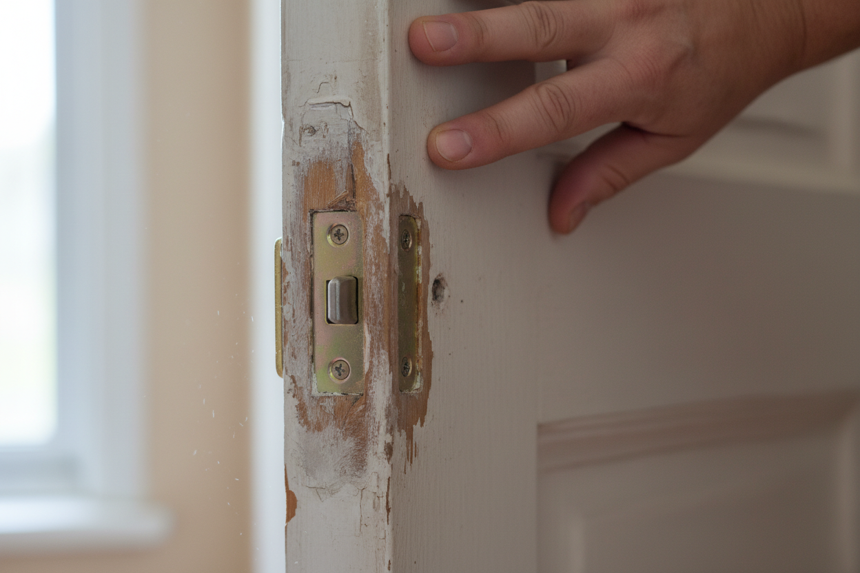 Problem photo – Door won’t close properly (swollen wood, latch alignment, hinge adjustment)