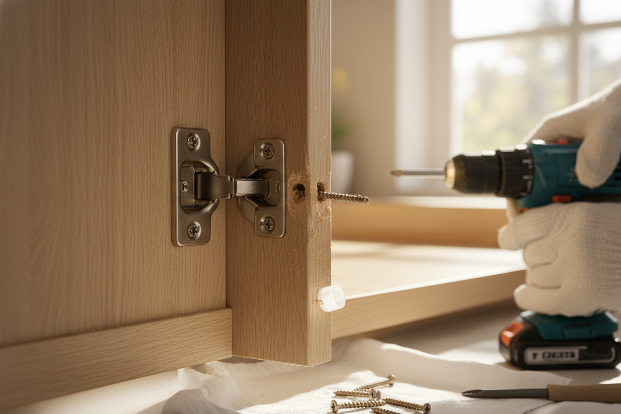 Problem photo – Cabinet door misaligned (hinge adjustments, stripped screw fixes, soft-close tuning)