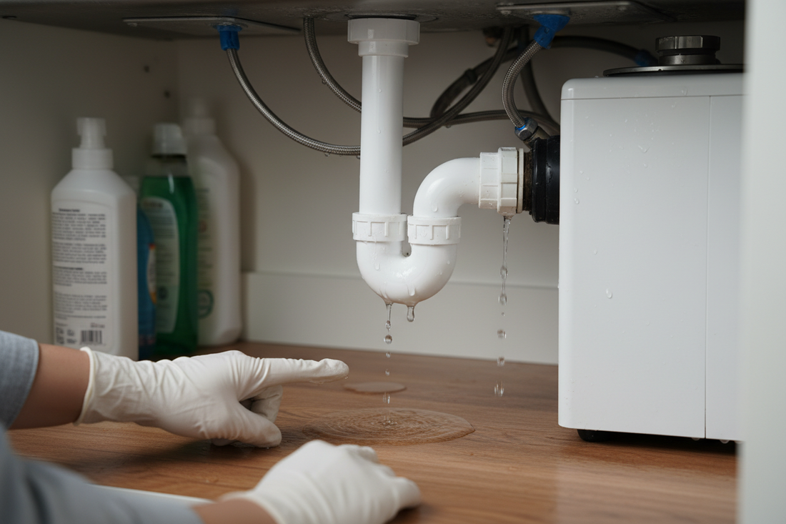 Problem photo – Water leaking under kitchen sink (P-trap, supply lines, garbage disposal gasket, quick checks)