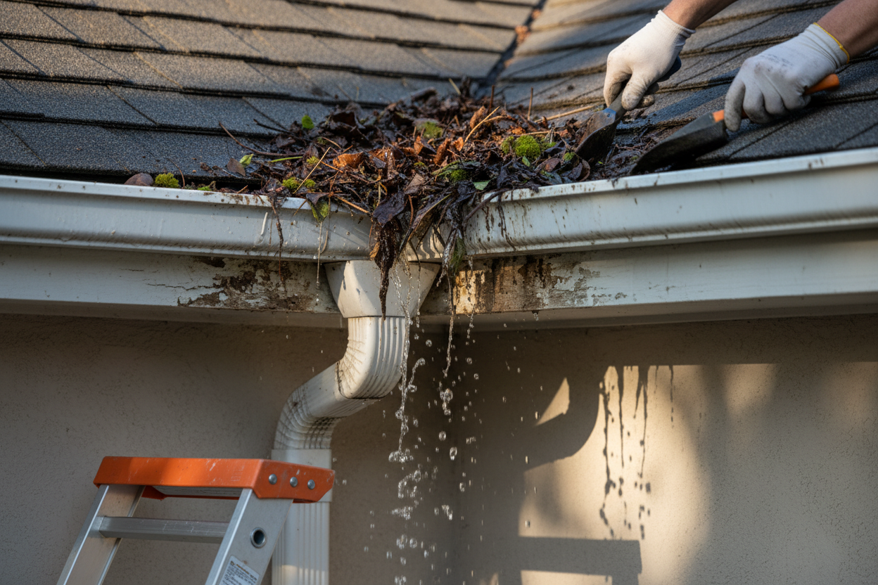 Problem photo – Clogged gutters and downspouts (safe ladder tips, cleaning steps, signs of water damage)