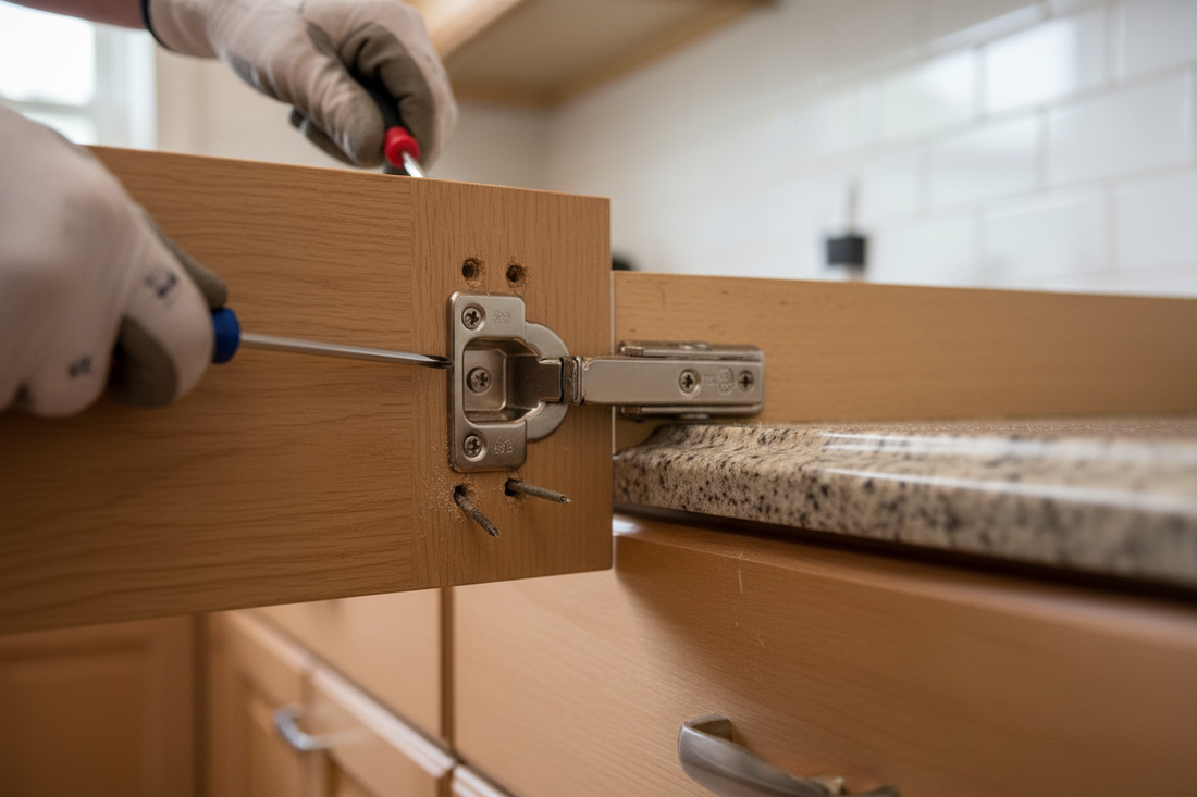 Problem photo – Cabinet door misalignment (hinge adjustment, stripped screws, soft-close)