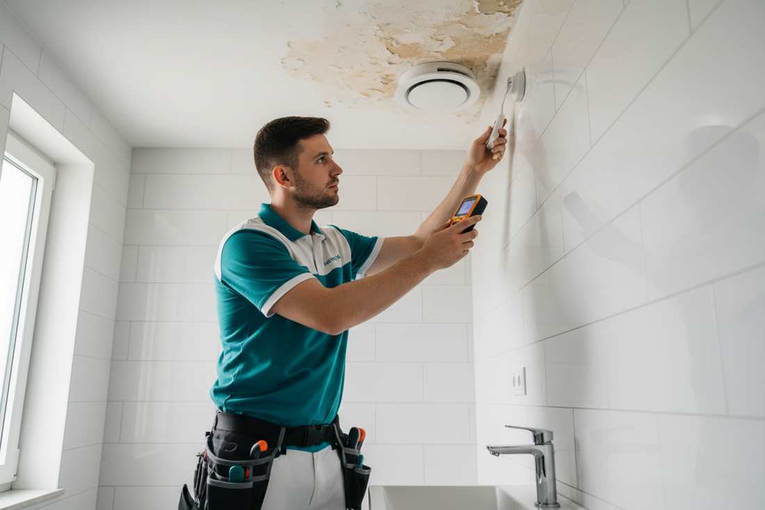 Handyman inspecting bathroom moisture damage