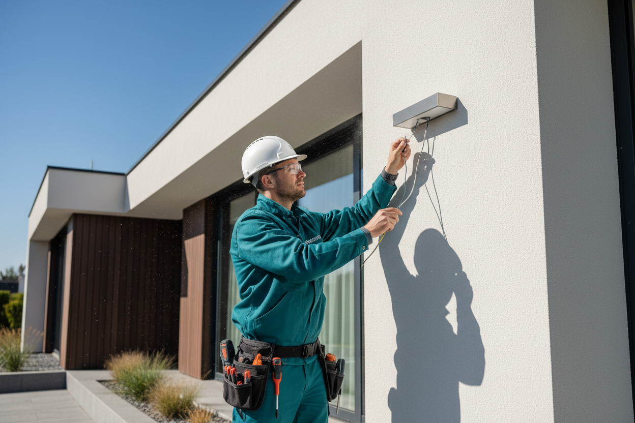 Photorealistic image of an electrician installing an outdoor wall light on a modern house exterior. The electrician wears weather-appropriate construction workwear in teal (#029DB2), not medical clothing, with subtle Mester24 branding. The scene is bright daylight with a clean residential exterior.
